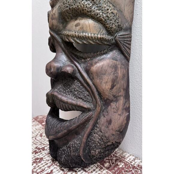 Vintage African Huge Solid Hand Carved Wood Tribal Wall Hanging Face Mask 30”. - Picture 9 of 15